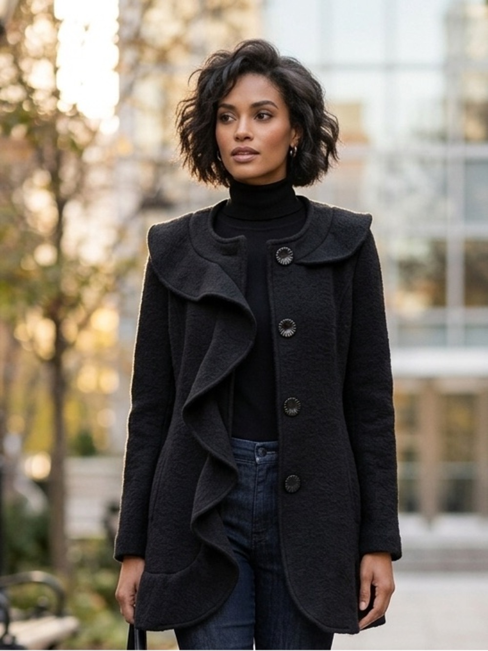 Maria Sole, Made in Italy, Black Ruffle Wool Blend Coat Jacket, size S